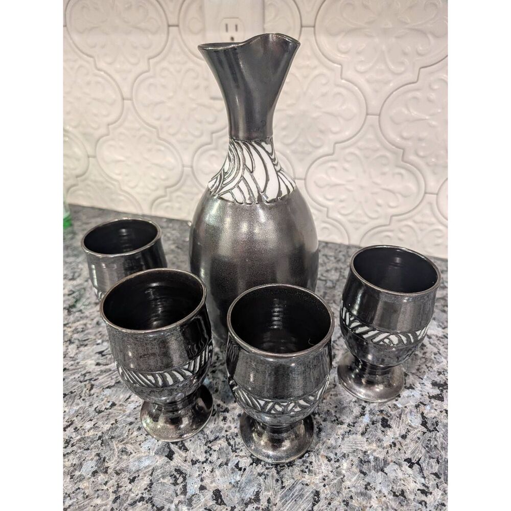 Vintage James Loso Pottery Barware Decanter Set 4 Goblets Sake Wine Water MCM